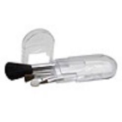 Make-up brush set includes blush brush, eyeliner brush, eye shadow brush and lip brush in a transparent clip container